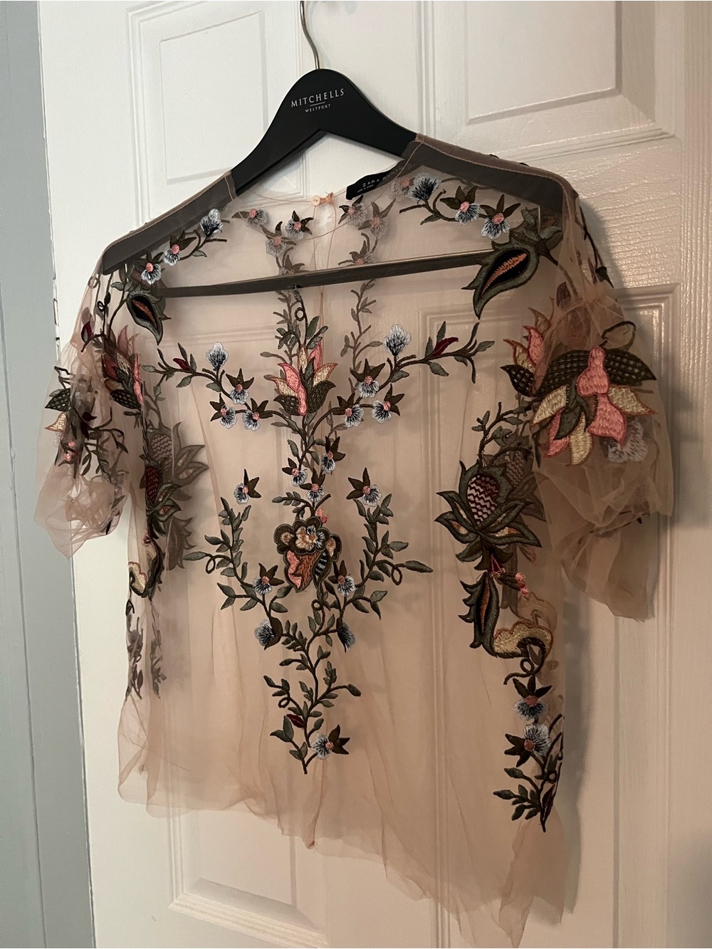 Zara Sheer pink Top with Multicolor Floral Embroidery - Picture 4 of 7